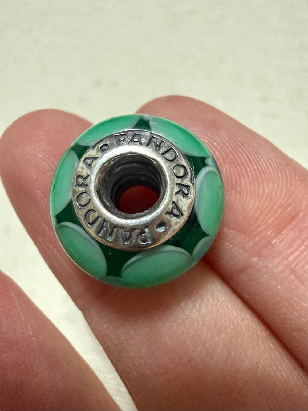 Lovely Pandora 925 Mint & Dark Green Polka Dot Murano Glass Charm